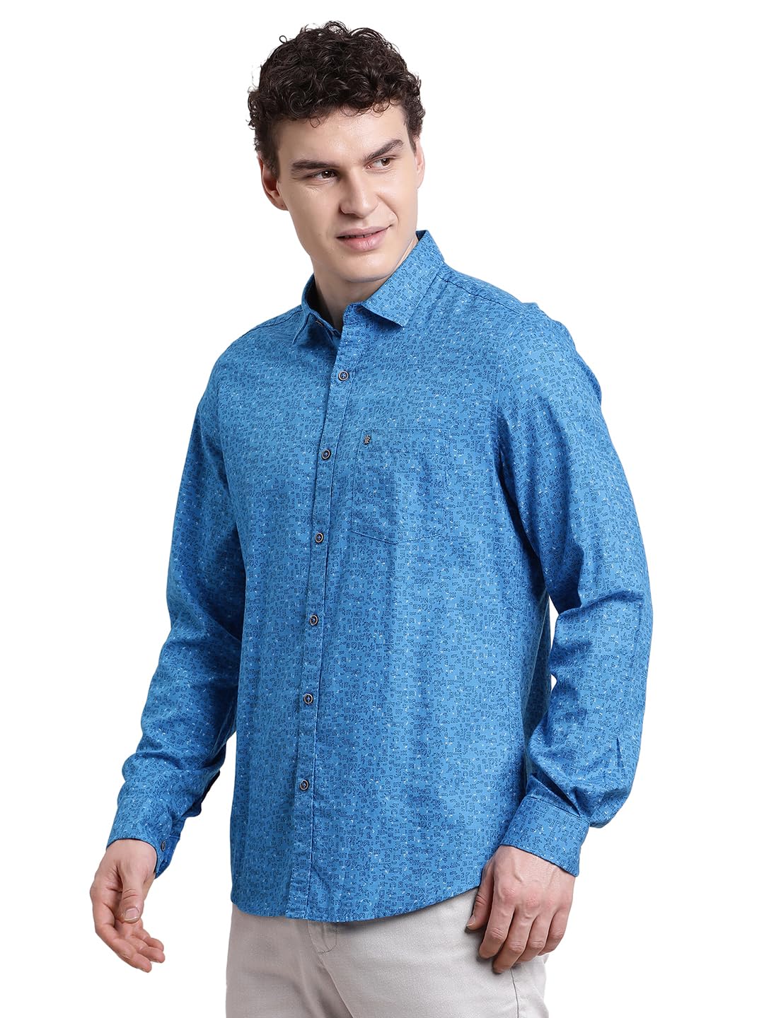 Turtle Men Slim Fit Printed Pure Cotton Blue Casual Shirt