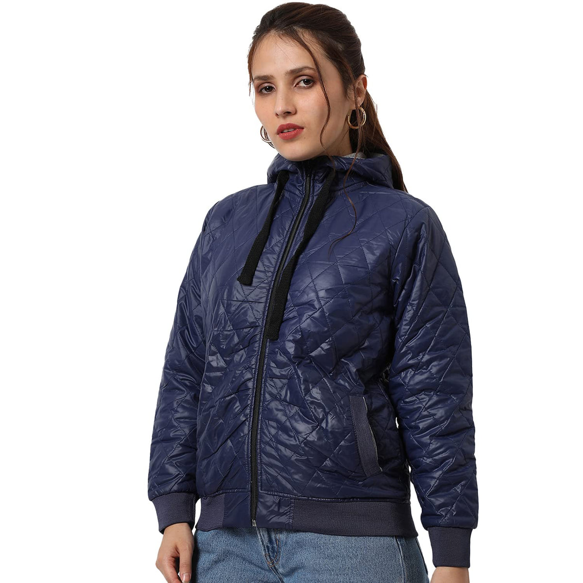 Campus Sutra Women Navy Blue Puffer Regular Fit Bomber Jacket For Winter Wear | Standing Collar | Full Sleeve | Zipper | Casual
