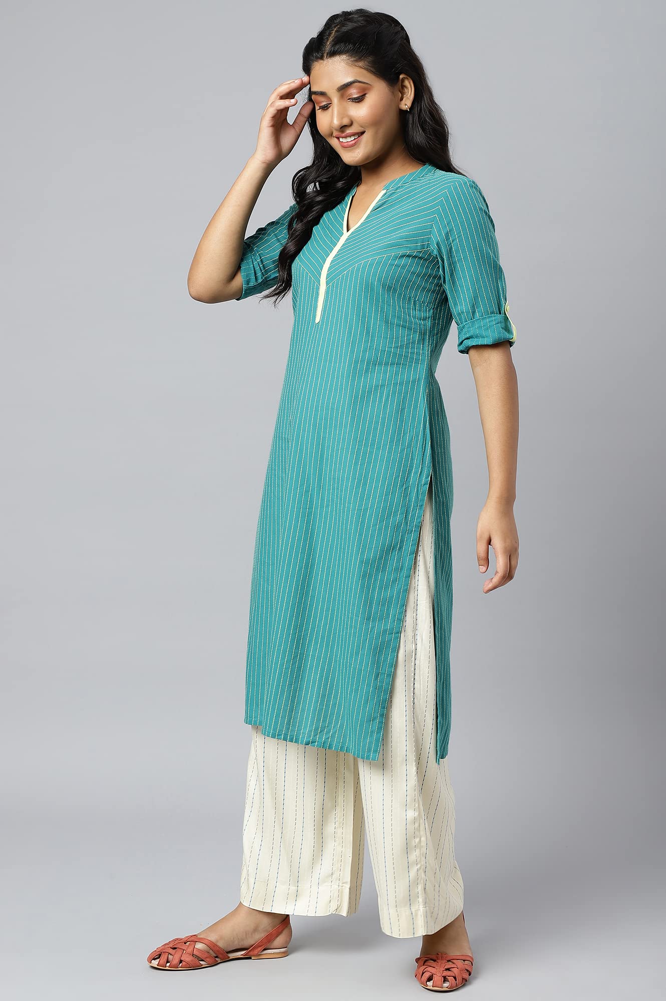Aurelia Women Deep Lake Dobby Floral Printed Straight Kurta