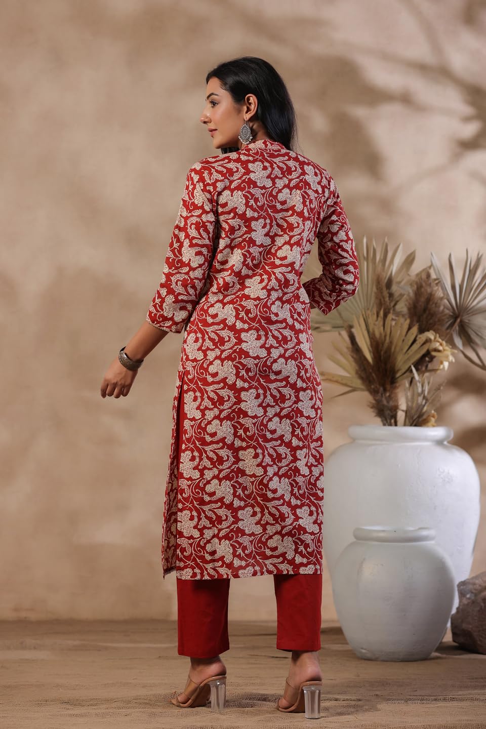 anubhutee Women's Brick Red Floral Print Pure Cotton Straight Kurta with Trousers