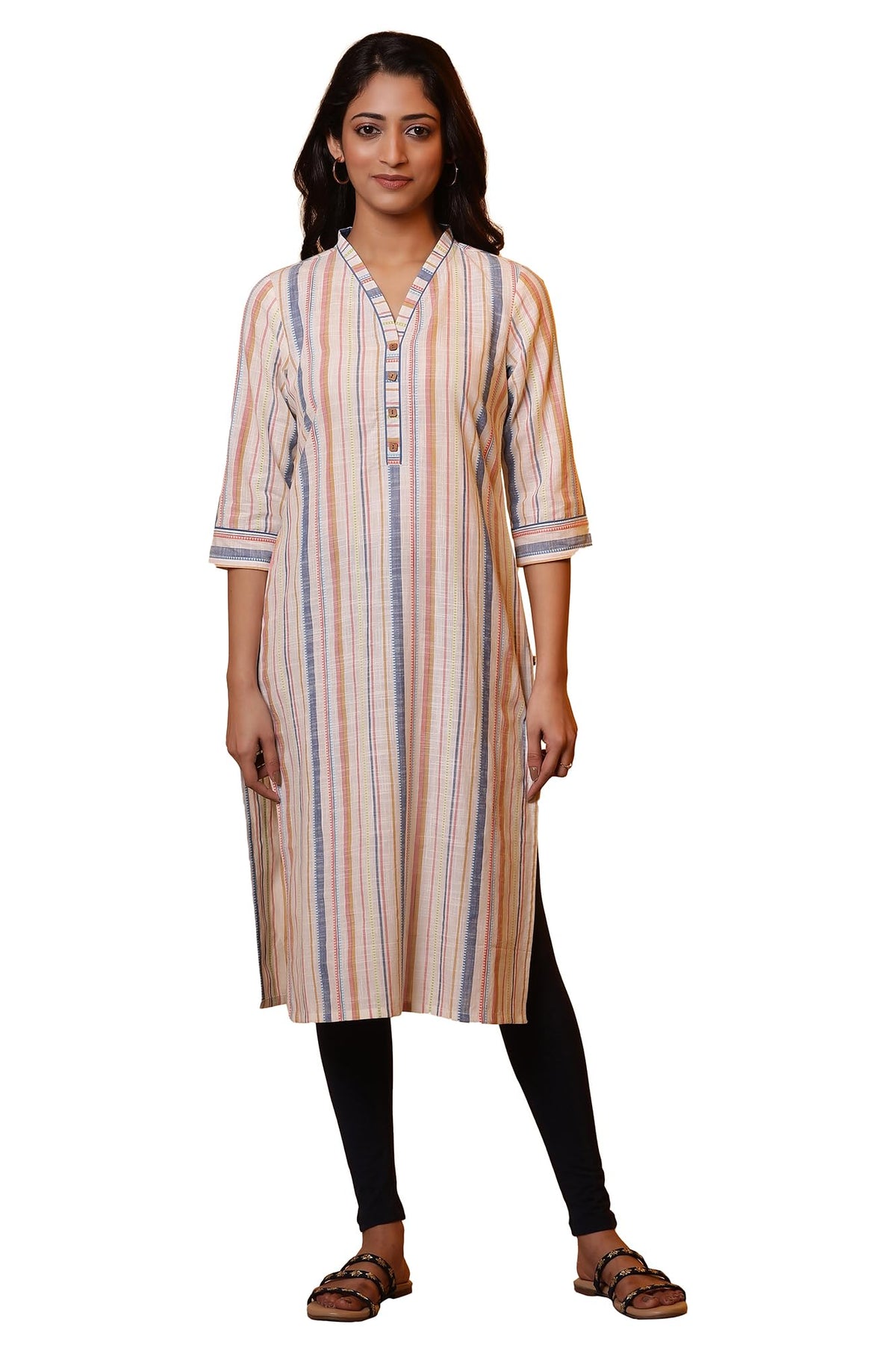 Aurelia WomenS Cotton Striped Regular Kurta (24Fea14847_Off White
