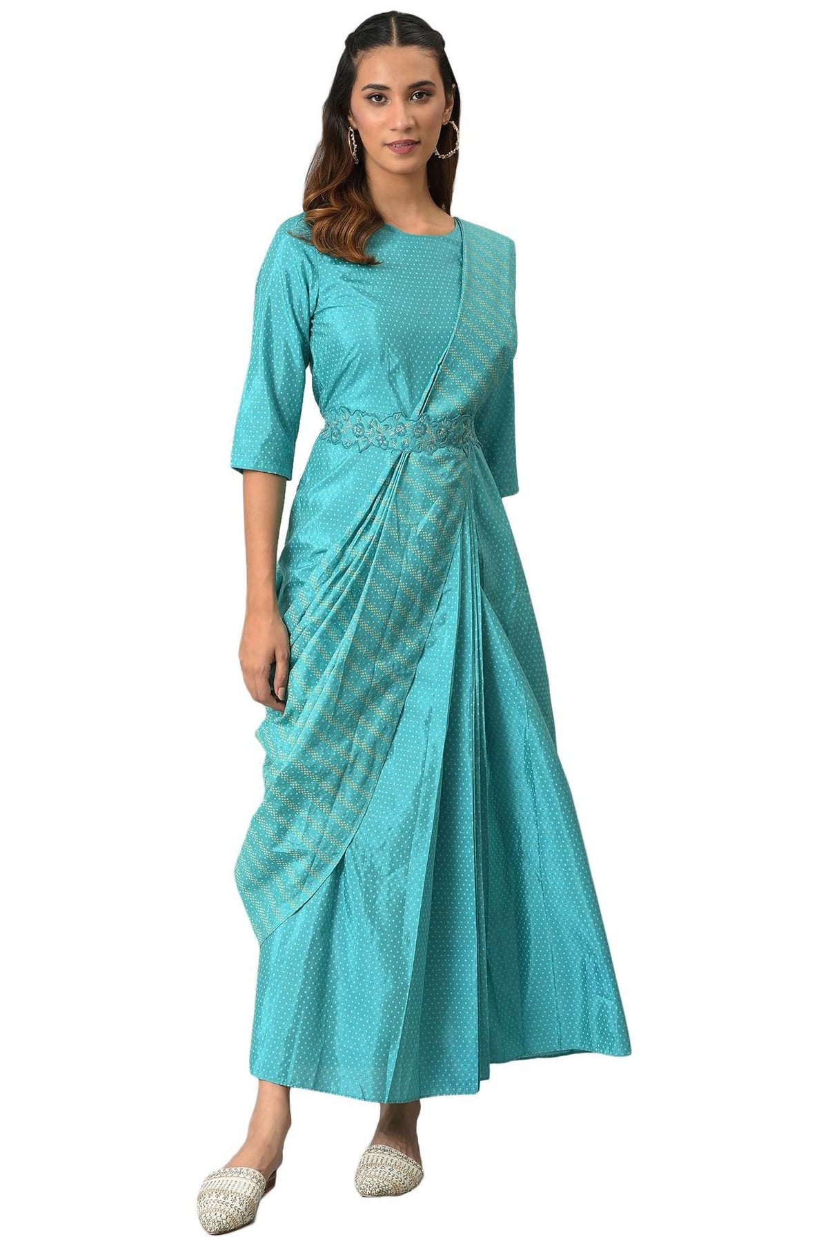 W for Woman Womens Polyester Teal Insta Saree Dress with Embroidered Belt Ankle Length 22AUW18050-120234