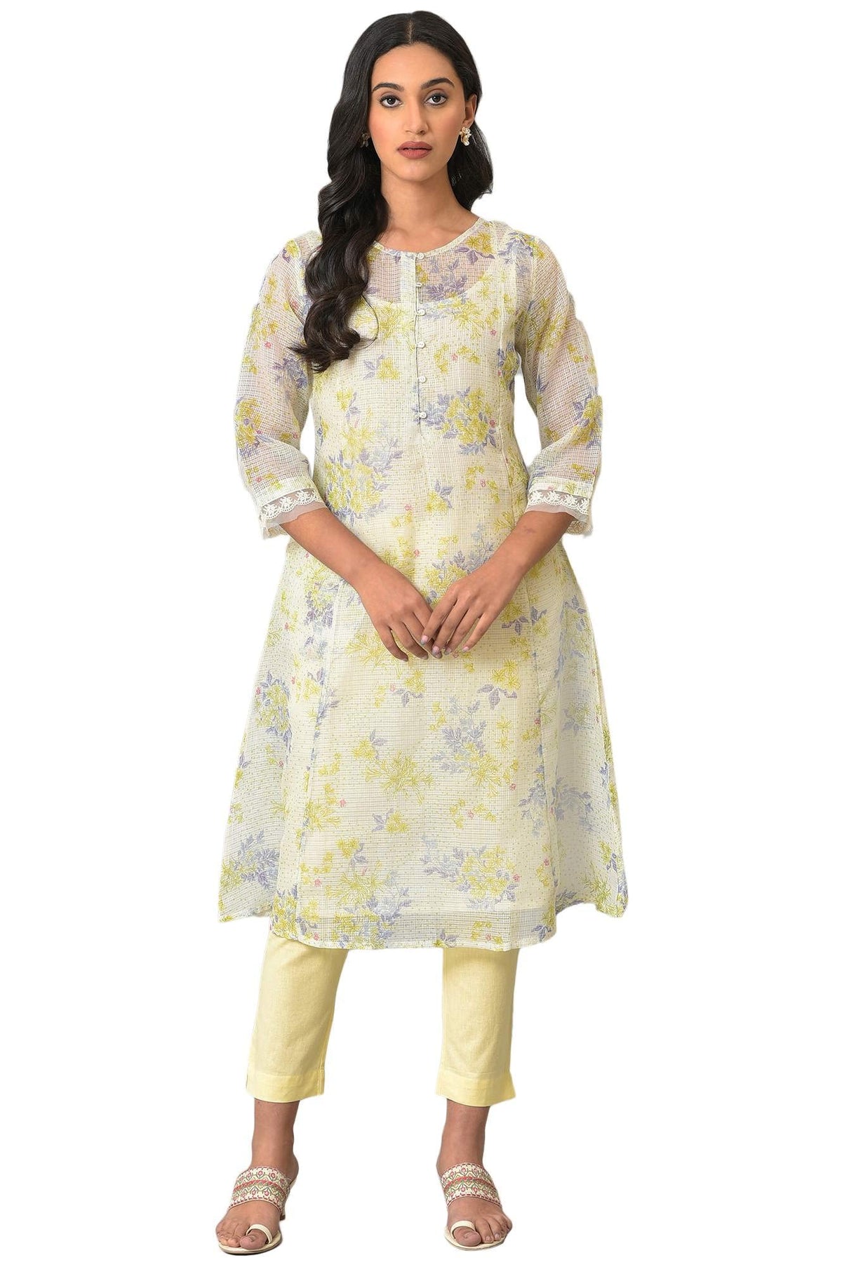 W Ecru Floral Printed Synthetic Lace Regular Kurta For Women