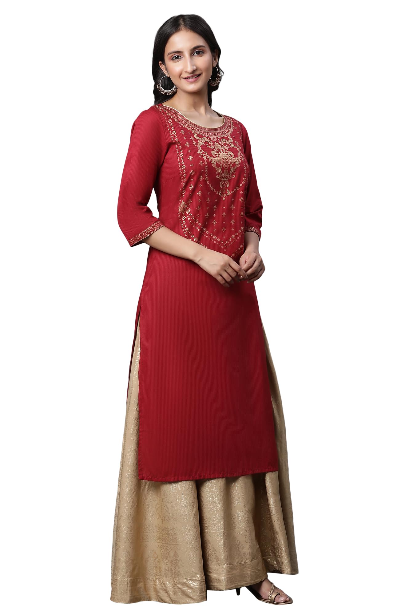 Aurelia Red Cotton Foil Straight Long Kurta