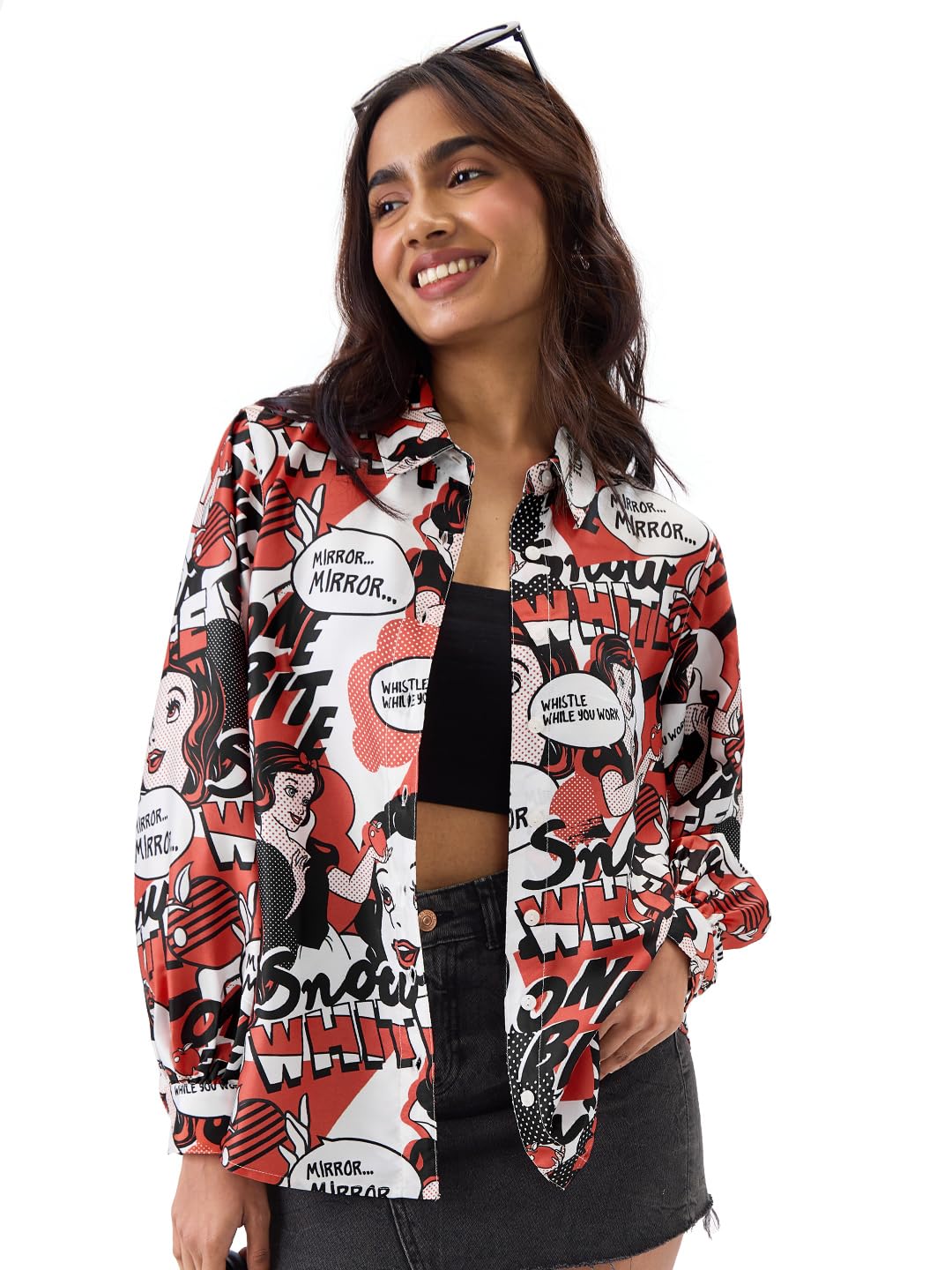 The Souled Store Official Snow White Women and Girls Ballon Sleeve Collared Neck Button Front Multicolor All Over Print Regular
