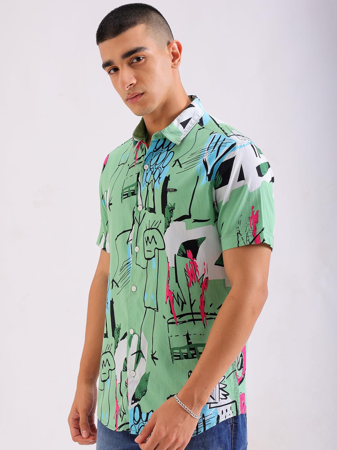 The Indian Garage Co Men Green Abstract Printed Slim Fit Cotton Casual Shirt