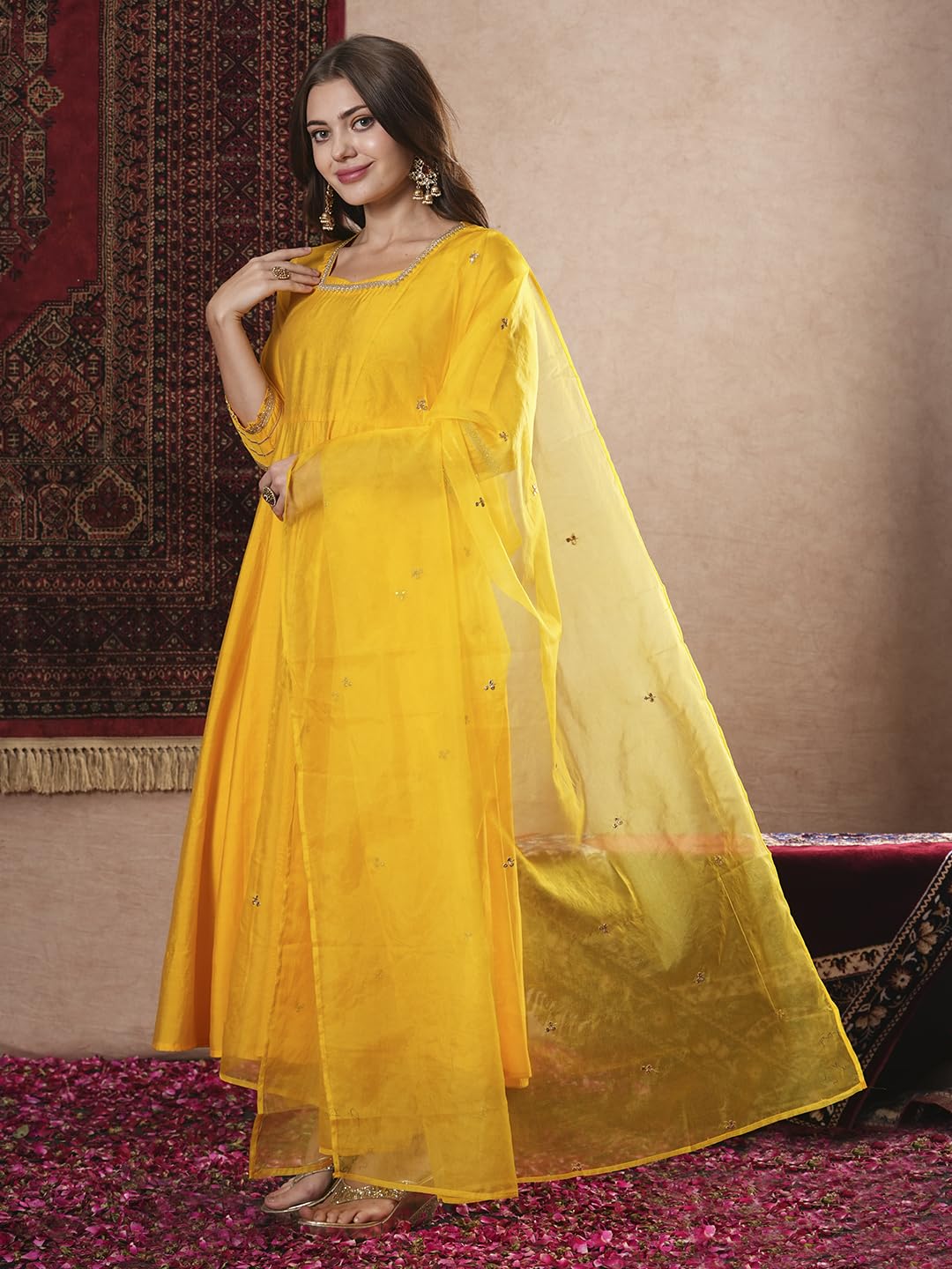 Gosriki WomenS Rayon Blend Anarkali Solid Kurta With Pant & Dupatta (Sitapati Yellow-Vks01-Gs_L_Yellow_Large)