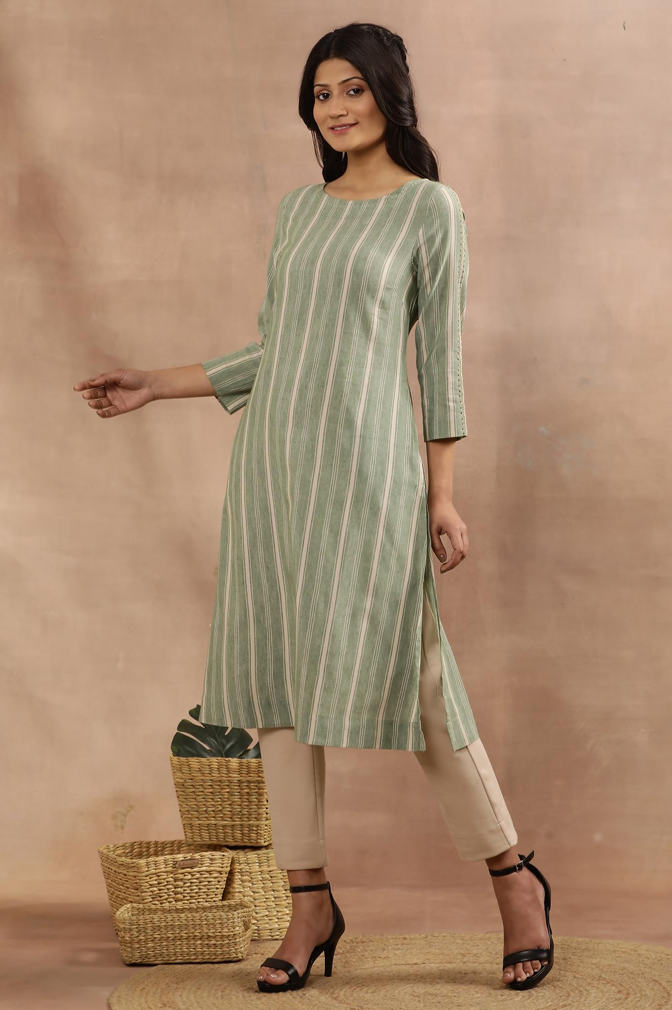 W for Woman Green Striped Print Cotton Straight Kurta