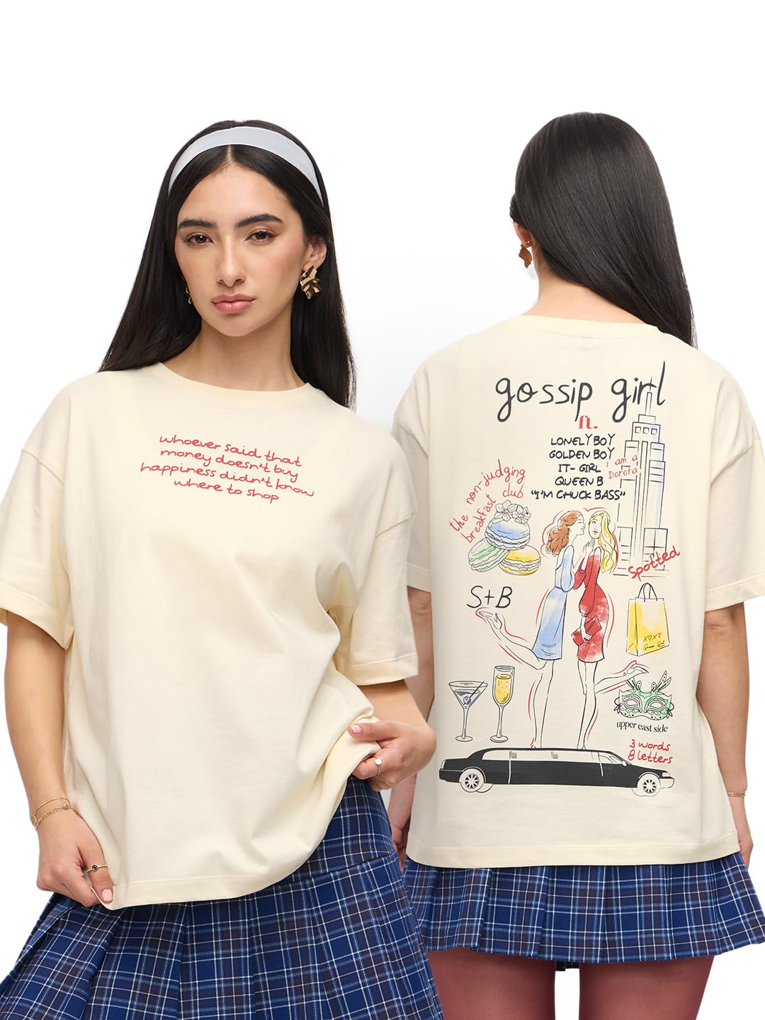 The Souled Store Gossip Girl: Doodle Women and Girls Short Sleeves Round Neck Off White Graphic Printed Cotton Oversized T-Shirt