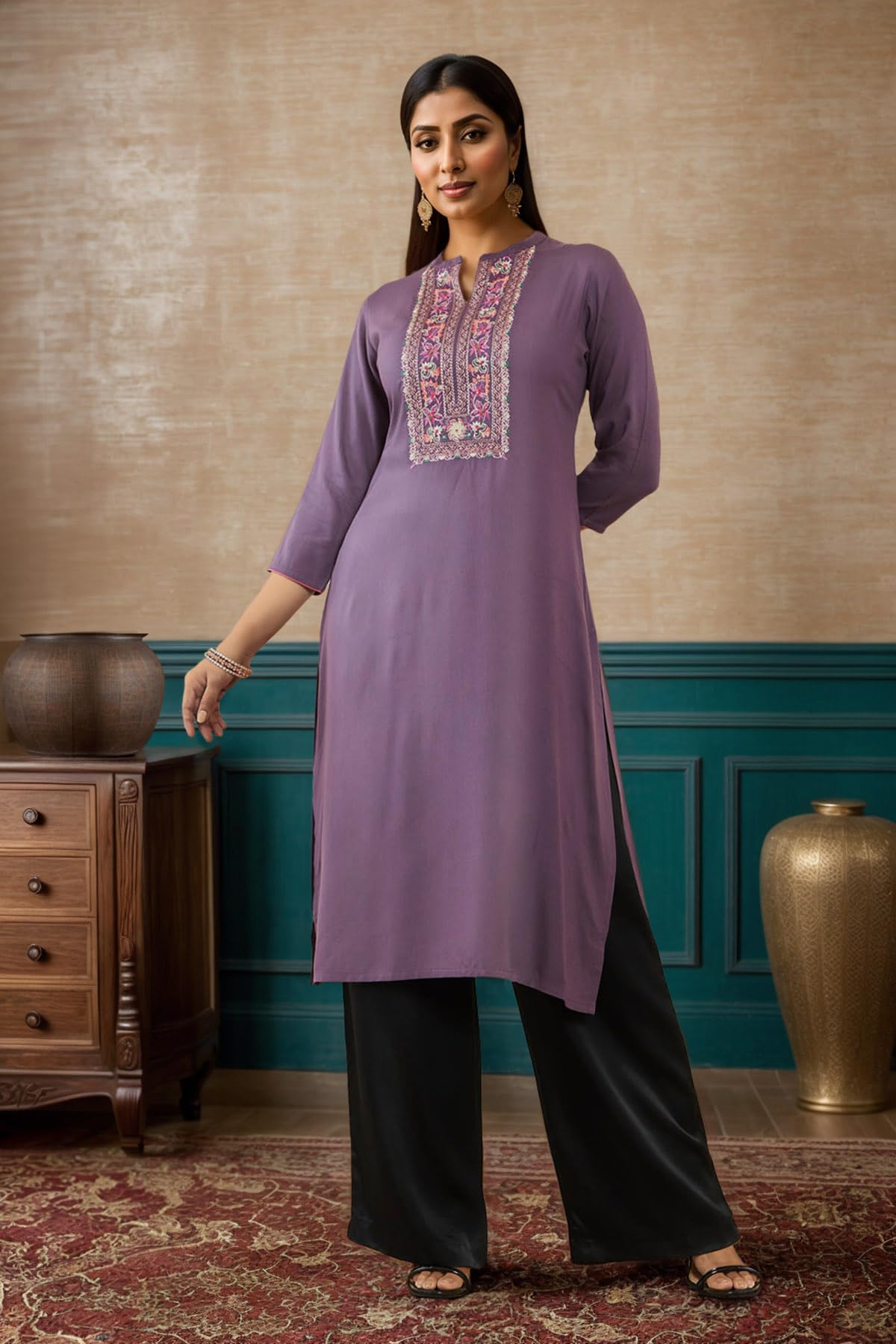 Soch Womens Rayon Straight Kurta with Floral EmbroideYoke
