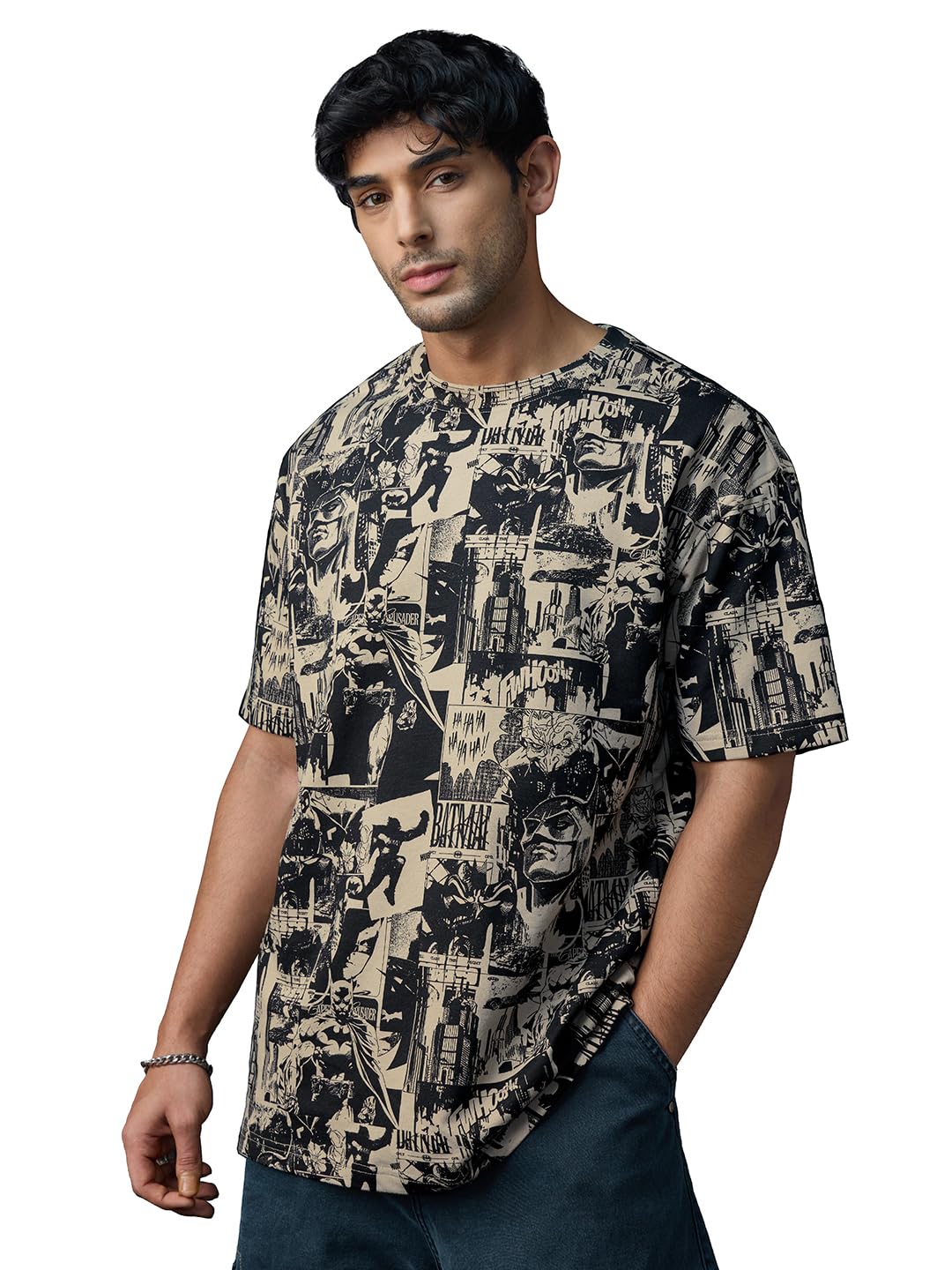 The Souled Store Batman: Gotham City Men and Boys Half Sleeves Round Neck Graphic Printed Cotton Lightweight All-Season Oversize