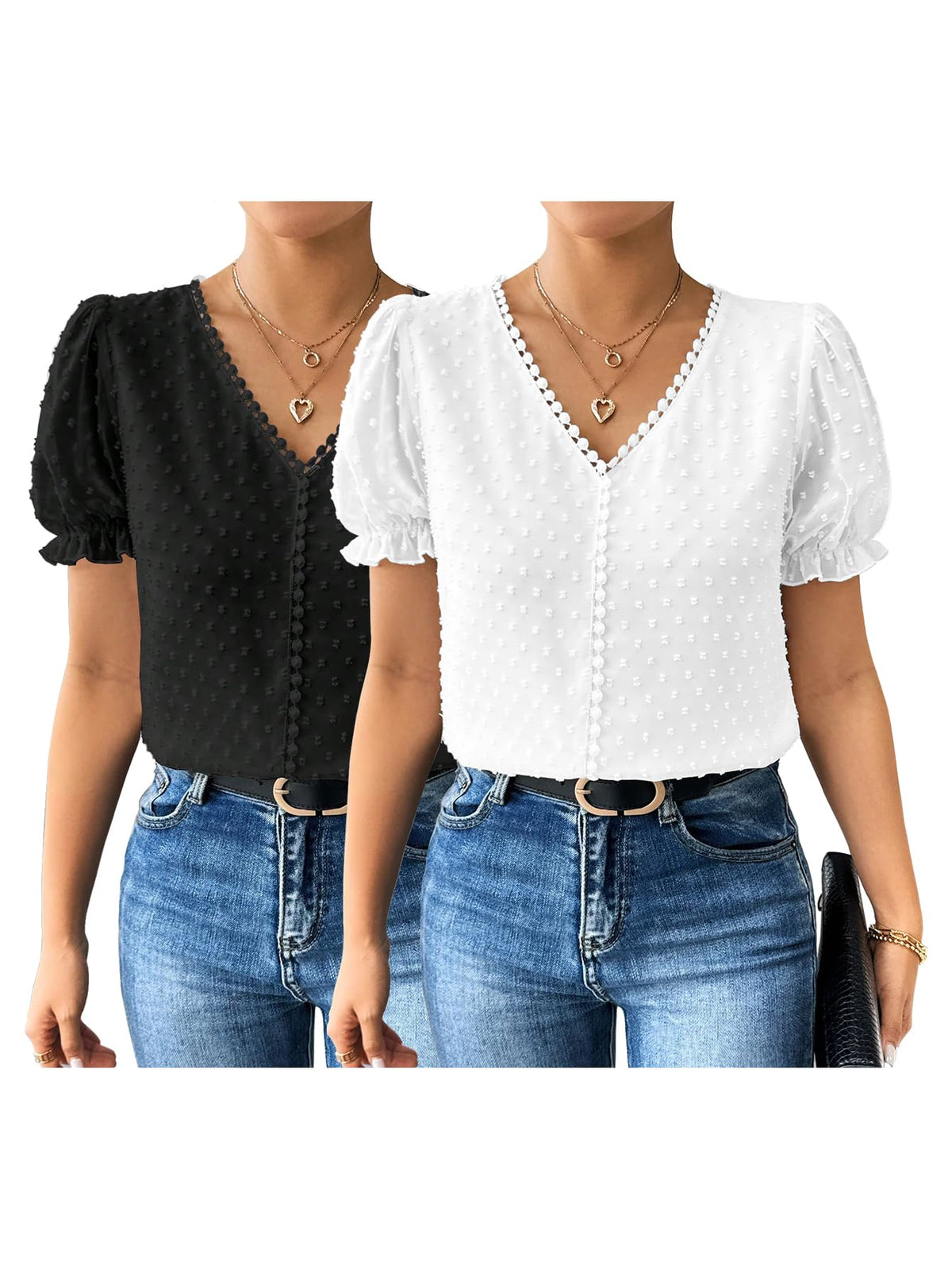 Shasmi Womens Black and White Elegant French Textured Fabric Solid Black Color Lace Panel V-Neck Jacquard Blouse,Short Puff Sle