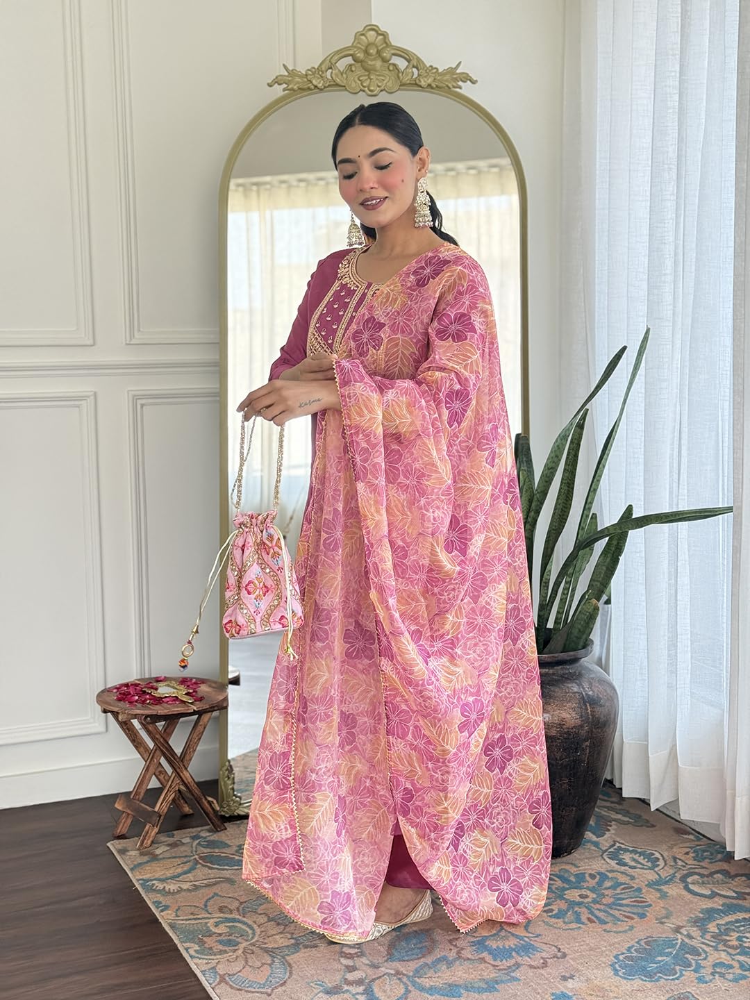 Naixa WomenS Rayon Digital Embroidery Work Casual Wear Straight Kurta With Rayon Bottom Wear And Tabby Dupatta Set (Nx2-717-Pin