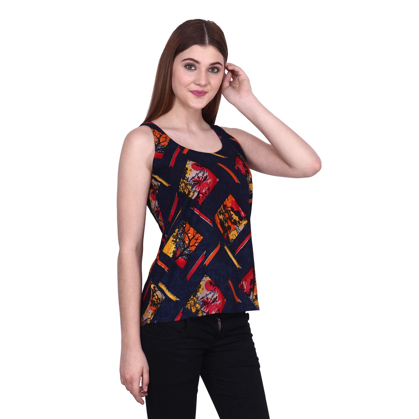 POPWINGS Casual Sleeveless Round Neck Foil/Graphic Print Regular Top for Women, Blue/Multicolor