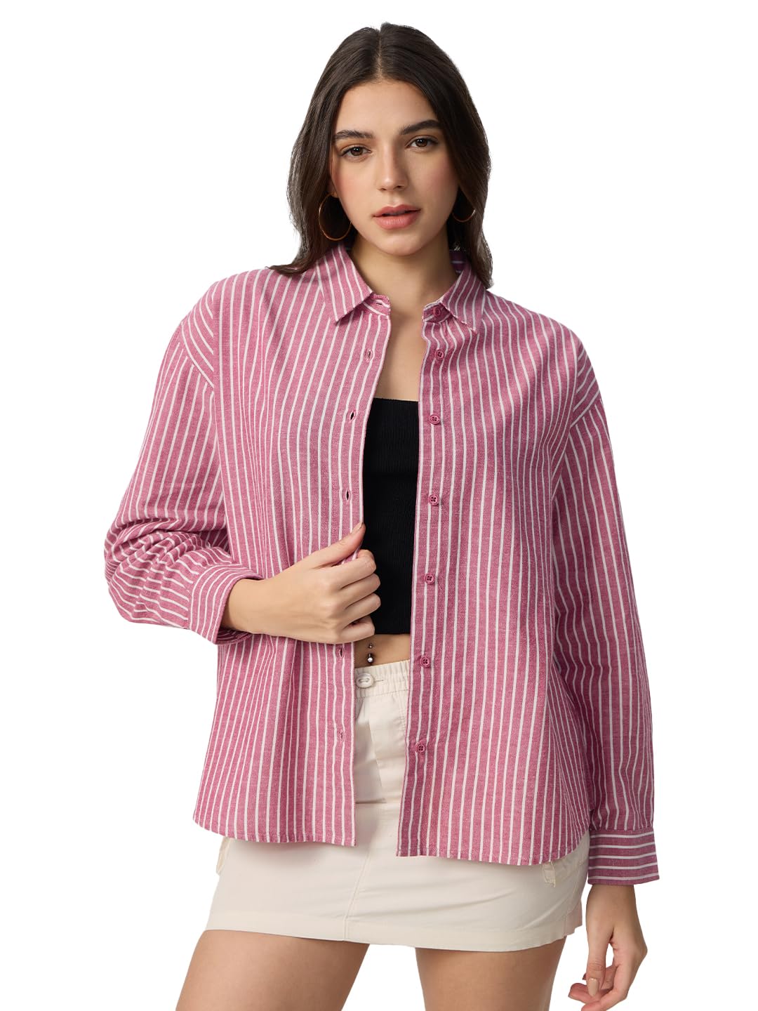 The Souled Store Cotton Linen Stripes: Roselle Women and Girls Long Sleeves Collared Neck Button Front Pink Cotton Linen Boyfrie