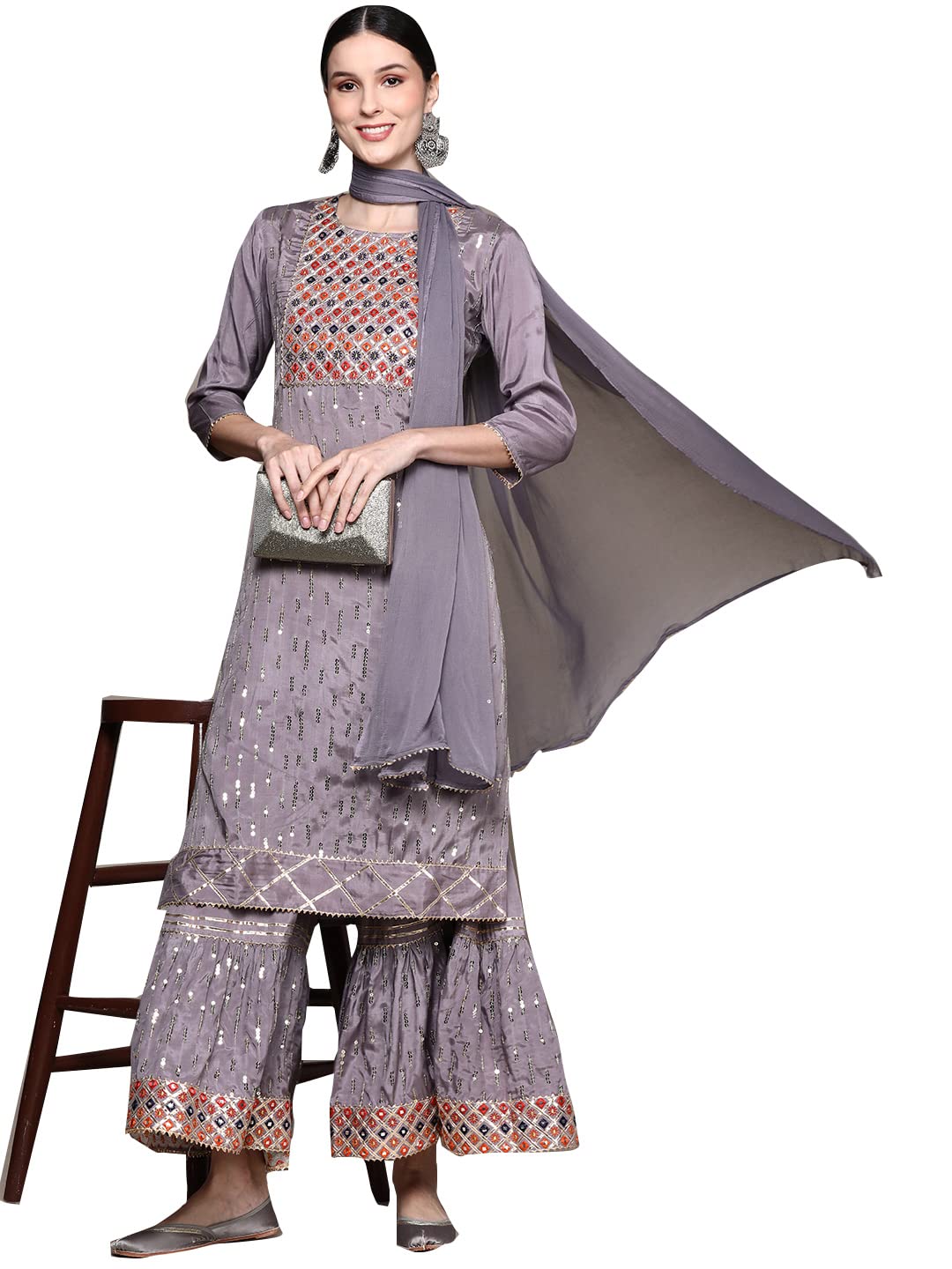 ishin Women's Mauve Embellished A-Line Kurta set With Sharara And Dupatta