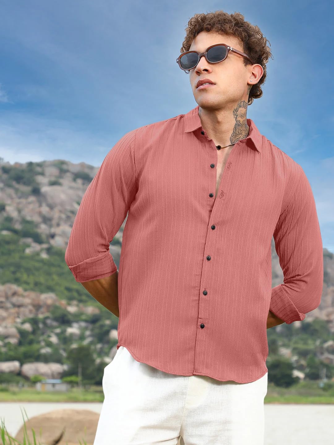 Finivo Fashion MenS Striped Cotton Casual Button Down Shirts Long Sleeve Textured Summer Beach Shirt For Men Peach