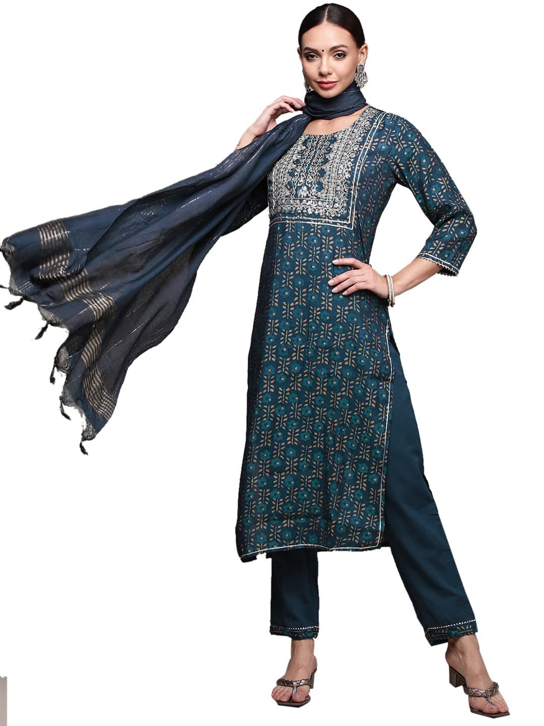 anubhutee Womens Muslin Teal Ethnic Motifs Embroidered Straight Kurta Suit Set With Pants And Dupatta