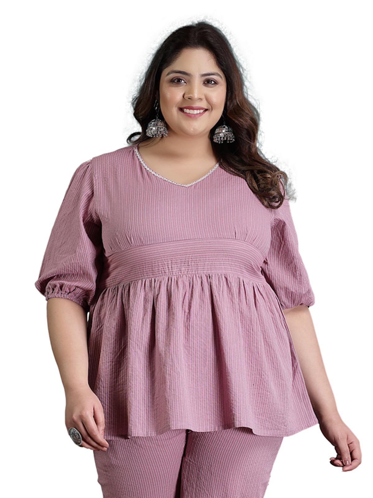 Stylum Womens Plus Size Self Woven Kantha Cotton Peplum Top