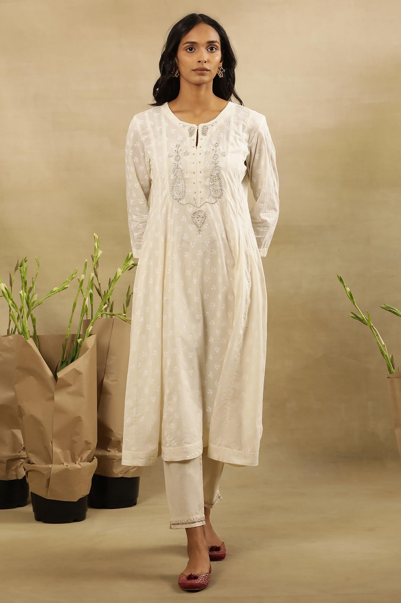 Folksong by W Women White Festive Solid Cotton Flared Kurta