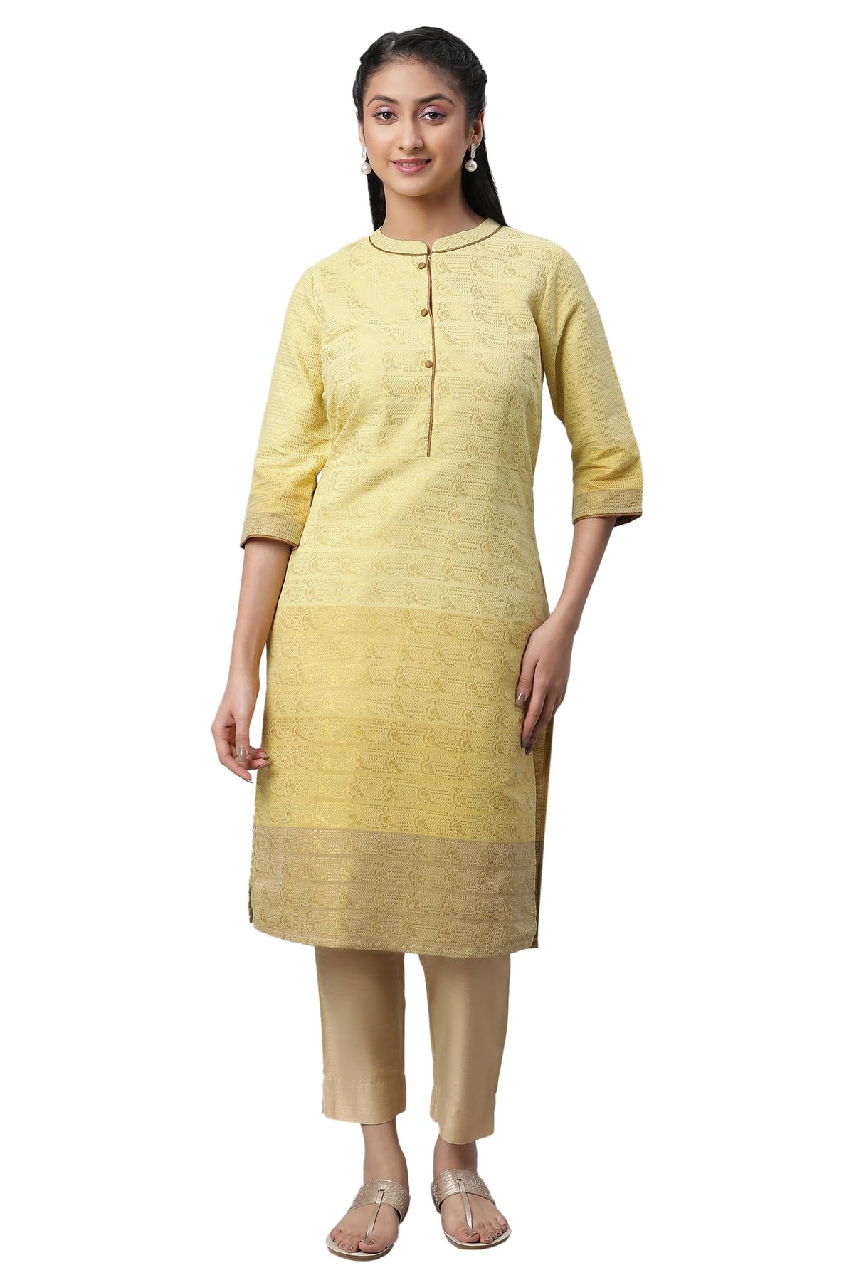 Aurelia Yellow Self-Design Cotton Straight Long Kurta For Women