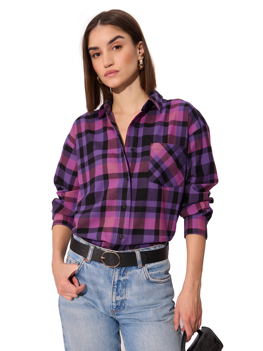The Souled Store Plaid Shirt: Petunia Women and Girls Long Sleeve Collared Neck Button Down Boyfriend Shirts Womens Boyfriend Sh