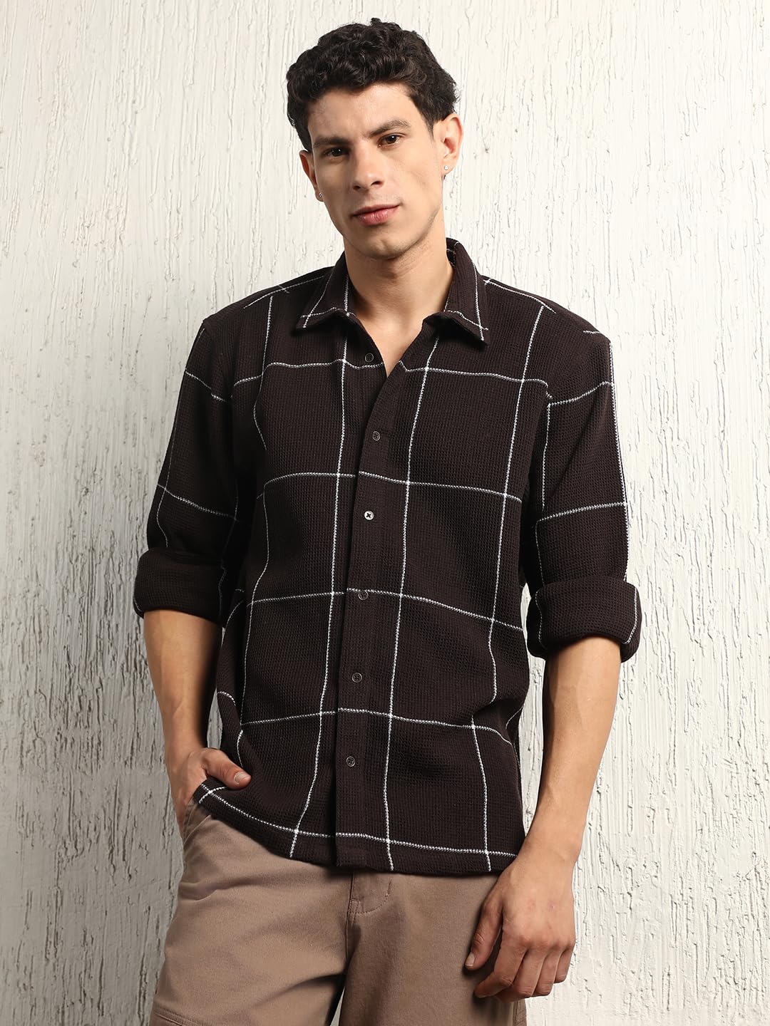 Hubberholme Men Summer Cotton Spread Collar Long Sleeves Oversized Casual Shirt 37 Brown