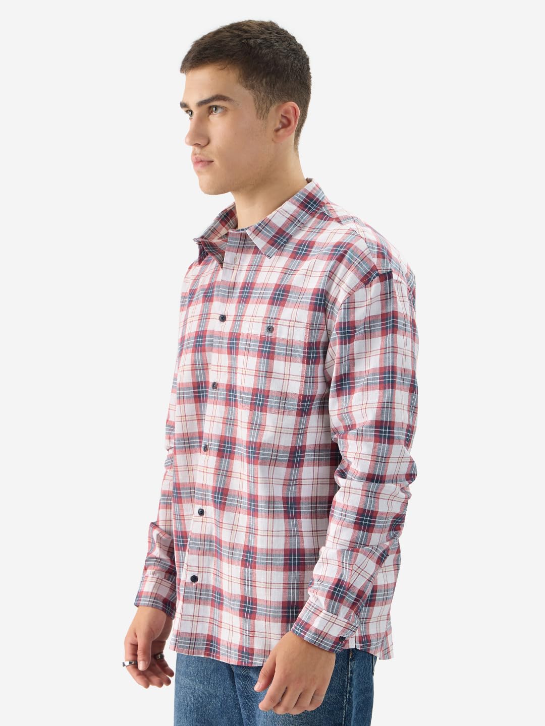 The Souled Store Plaid: Red/White Long Sleeve Collared Neck Button Down Cotton Relaxed Fit Shirts for Men and Boys - Classic and