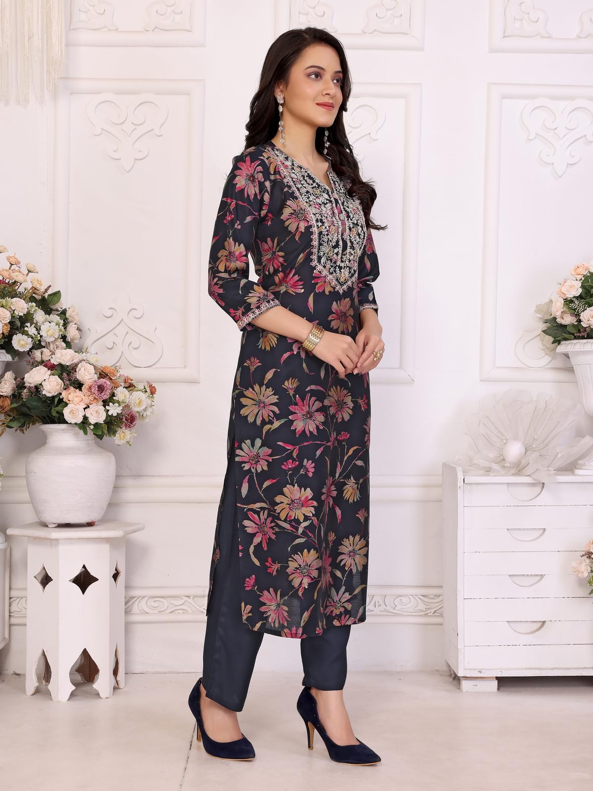rangita Viscose Embroidered Straight Calf Length Kurta with Pant | Kurta Set for Women