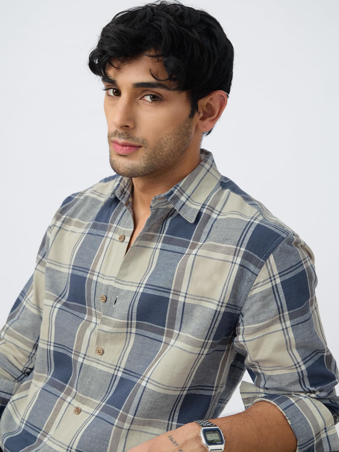 The Souled Store Cotton-Linen Shirts: Blue Topaz Men and Boys Long Sleeve Collared Neck Button Front Blue Plaid Regular Fit Cott