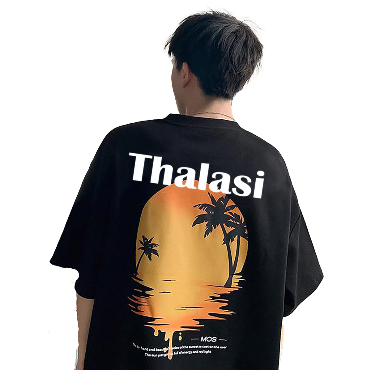 Thalasi Cotton Back Printed Oversized Tshirt For Men - Black Beach Tee With Stylish Print Half Sleeve,Down Shoulder,Round Neck A