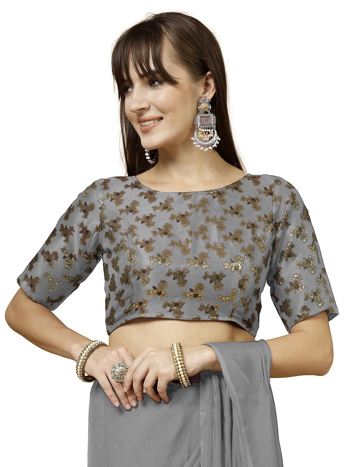 Oomph! WomenS Indian Ethnic Wear Designer Botanical Pattern Zari Work Boat Neck Half Sleeve Cloud Grey Color Brocade Readymade