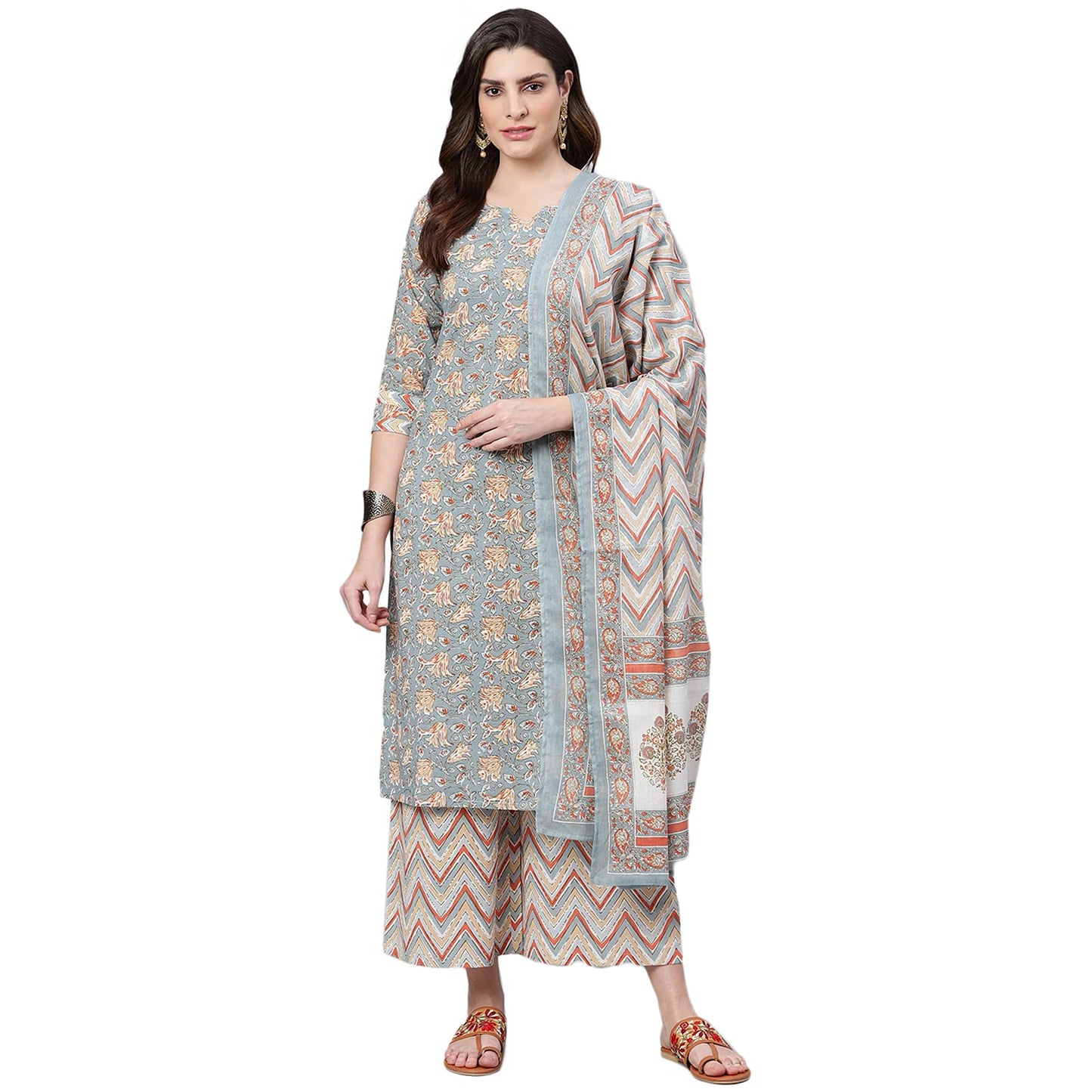 idaLia Women's Multicolor Printed Cotton Kurta Set with Palazzo Pant and Dupatta