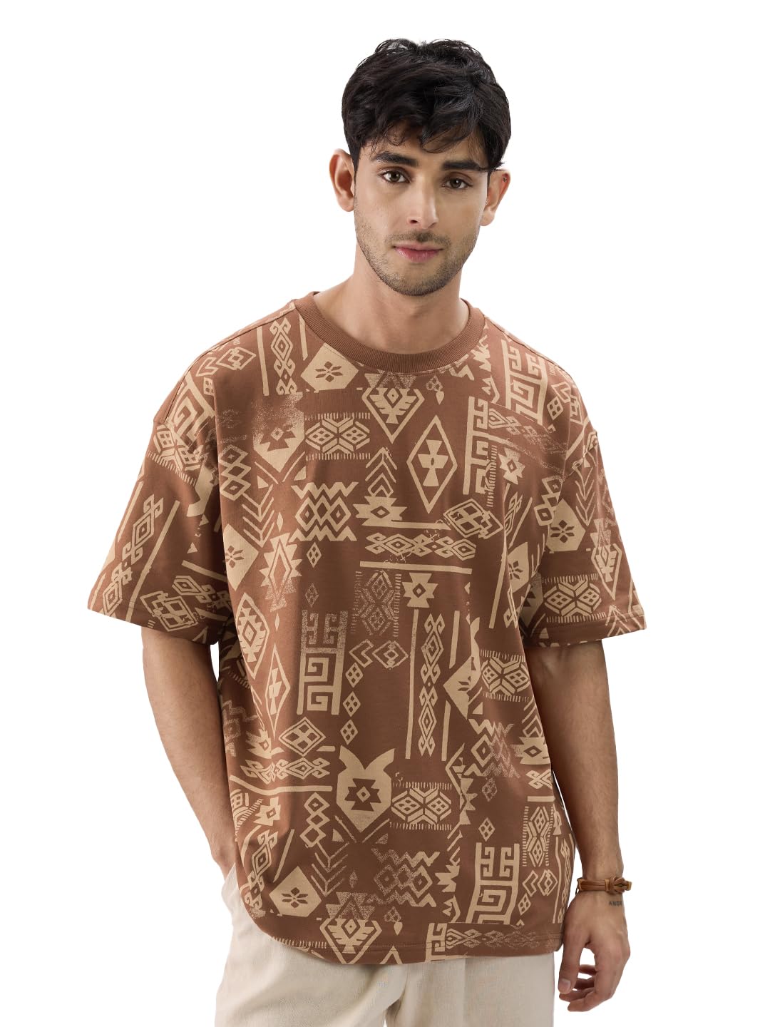 The Souled Store Spirit Mosaic Men and Boys Short Sleeves Round Neck Brown All Over Printed Cotton Oversized T-Shirts