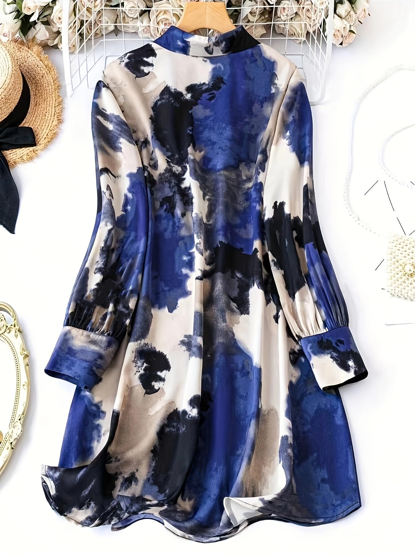 Shasmi WomenS & GirlS Blue And Black Tie Dye Print Button Front Shirt Dress, Elegant Long Sleeve Dress For Spring & Fall, Wome