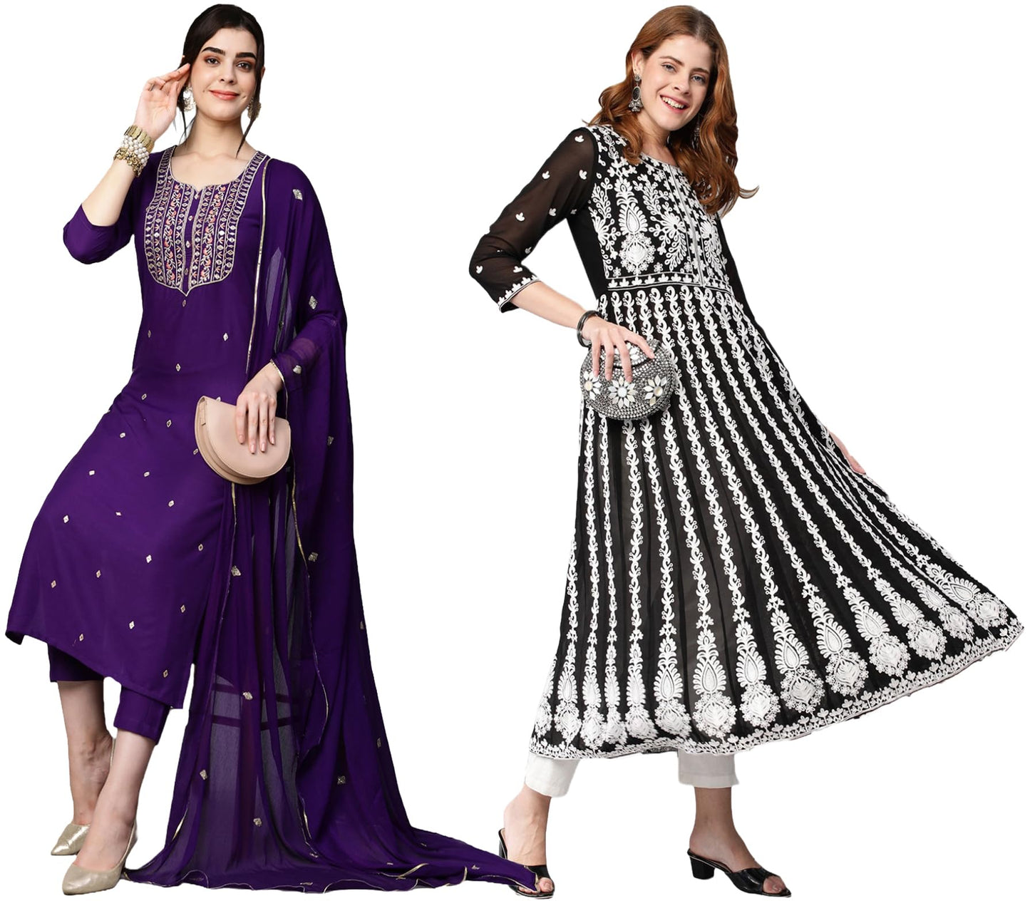 Anni Designer WomenS Cotton Blend Embroidered Straight Kurti Pant Dupatta Set Combo Pack Of 2 (Kasturi Begani & Kari Black_2110_