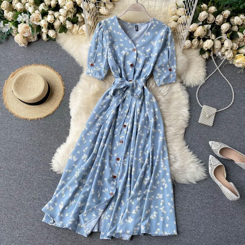 Gufrina Dresses For Women Half Sleeve || Floral Print || V-Neck And Puff Sleeves || Front Open Button & Tie-Up || Midi Dress (Aq