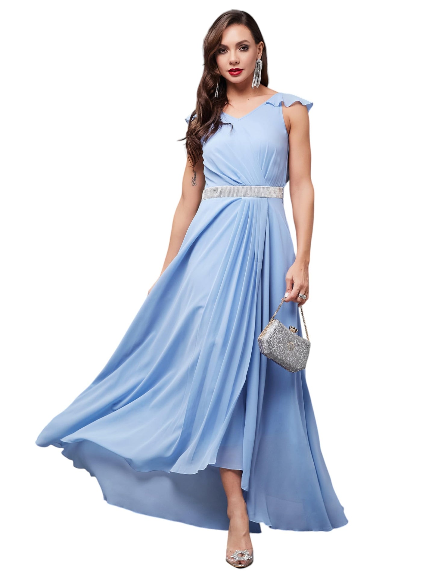 Miss Chase WomenS V-Neck Ruffled Sleeve Solid Embellished Maxi Dress With Pockets (Mcss24D97-18-167-06, Powder Blue, Xl)