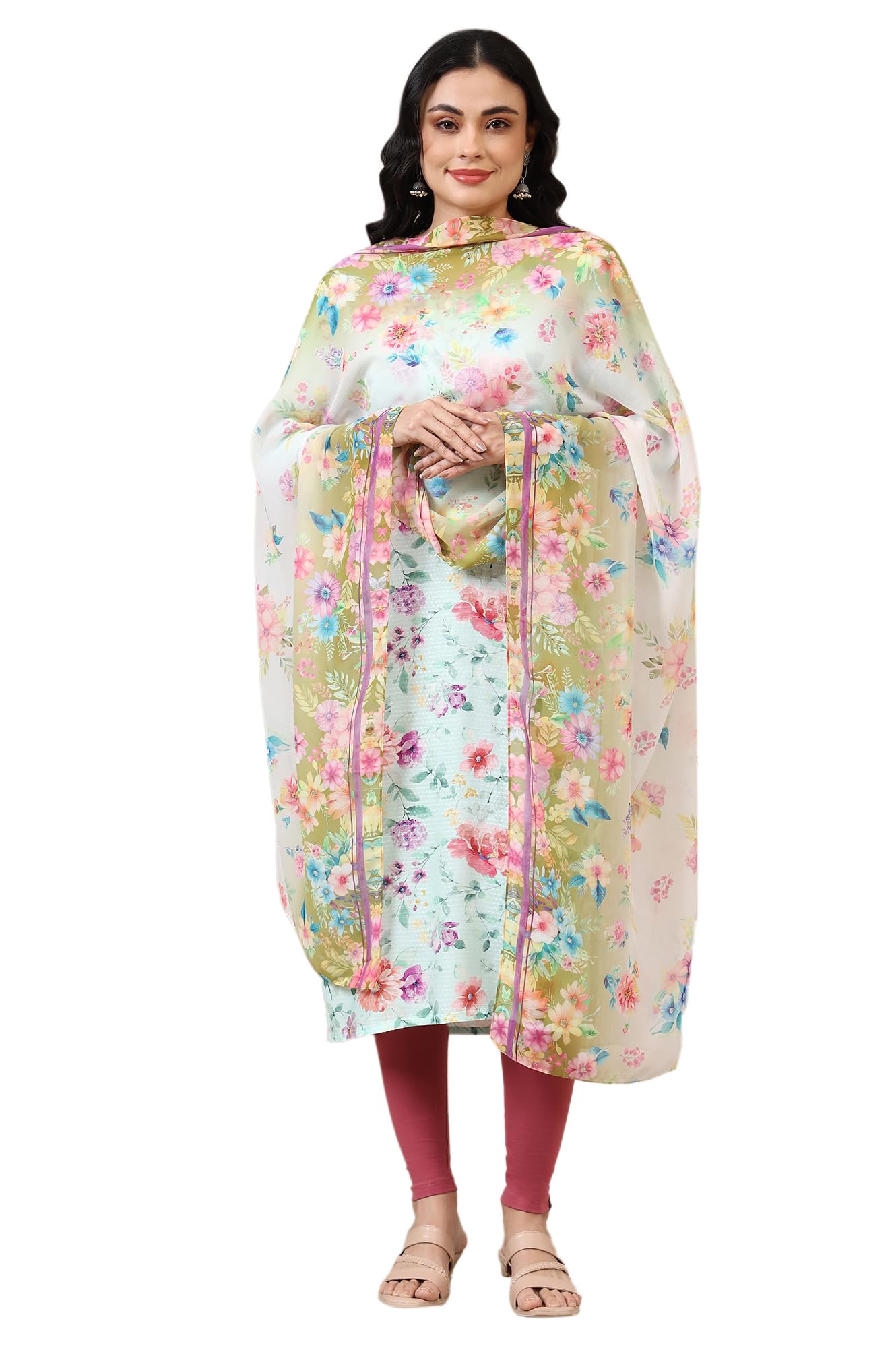 Aurelia Women'S Multi-Coloured Floral Printed Georgette Dupatta (Size: Free Size)-A80002-508932