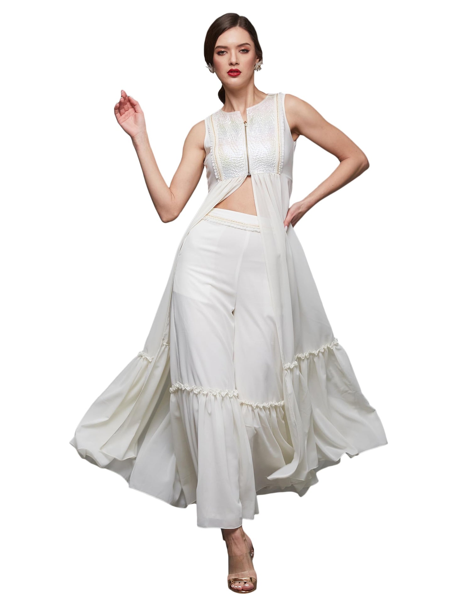 Miss Chase Womens Round Neck Sleeveless Regular-Length Georgette Co-Ord Set (MCSS23C01-08-114-06, Off White, XL)