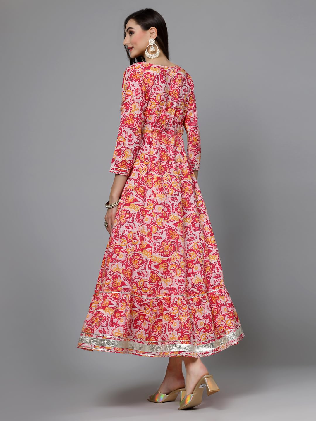 Stylum Women's Printed & Embroidered Cotton Tiered Dress Kurta (Lisa_Pink)