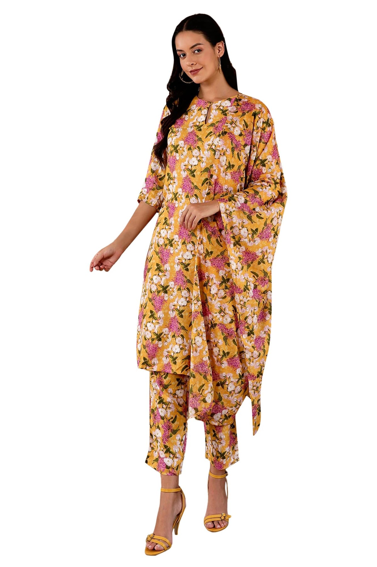W For Woman Yellow Floral Printed Keyhole Neck Kurta And Pants Co-Ord Set With Dupatta