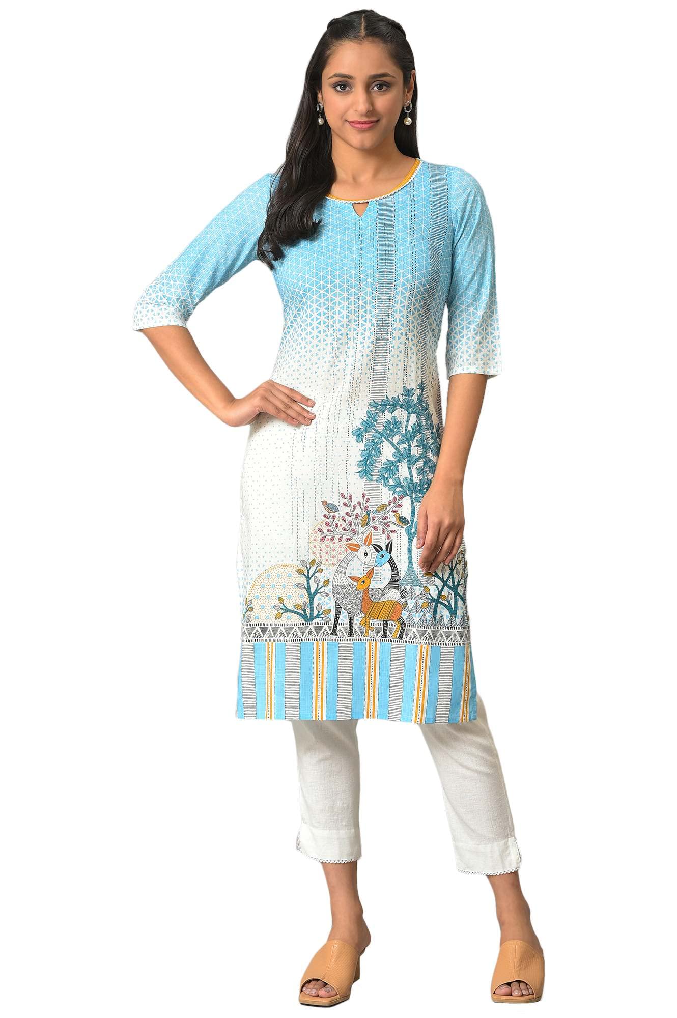 Aurelia Blue Botanical Regular Kurta For Women