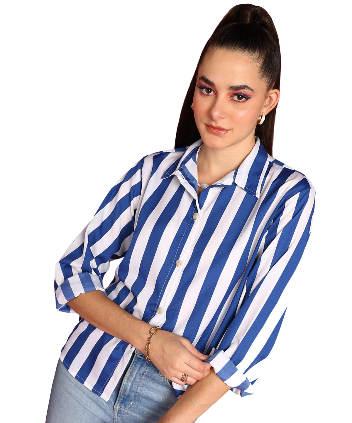 POPWINGS Stripe Printed Crepe Shirt for Women Stylish Western Casual Regular Fit Full Sleeves Shirts for Women