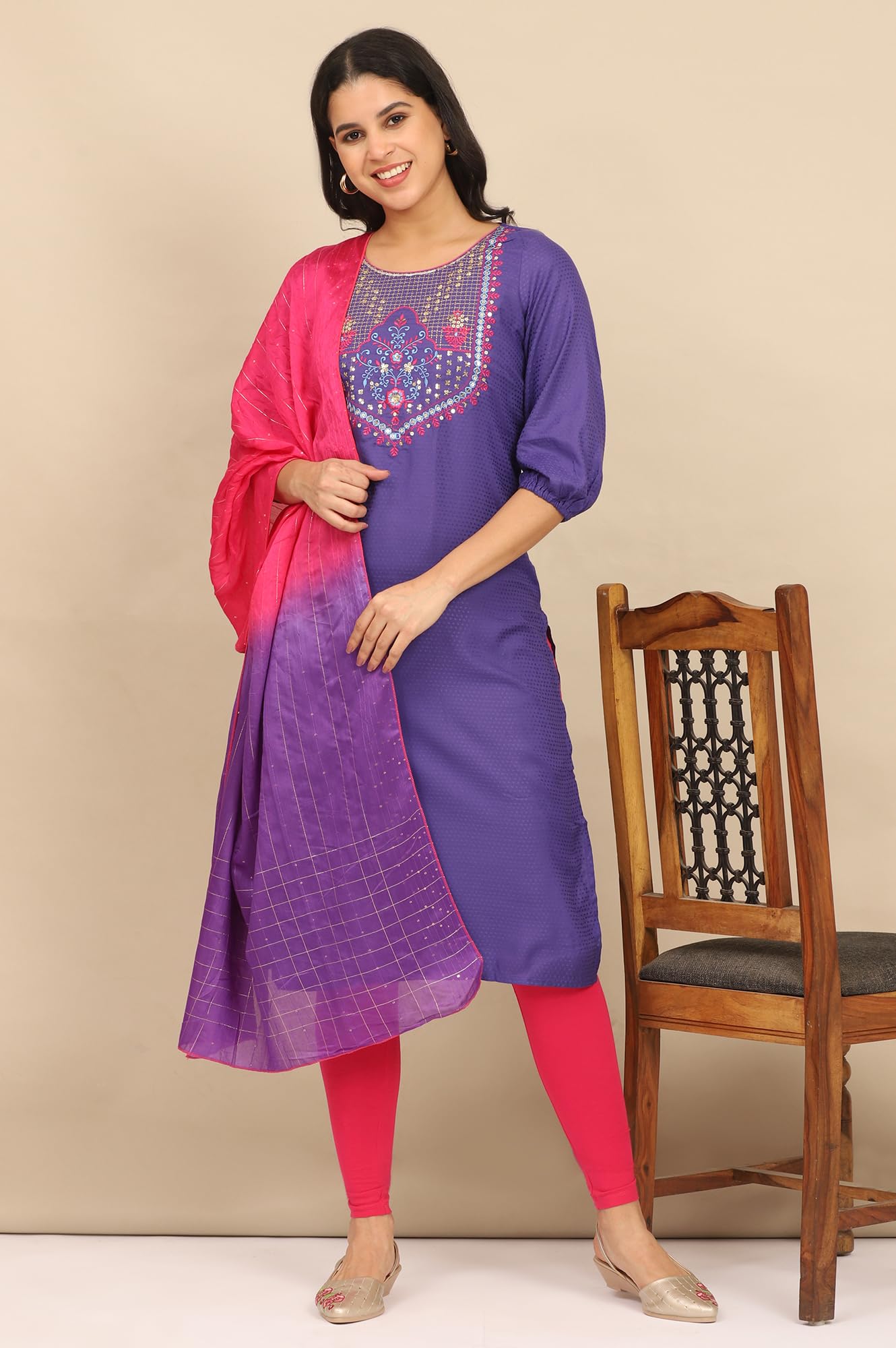 Aurelia Women's Blue Zari Embroidered Straight Kurta, Leggings and Dupatta Set