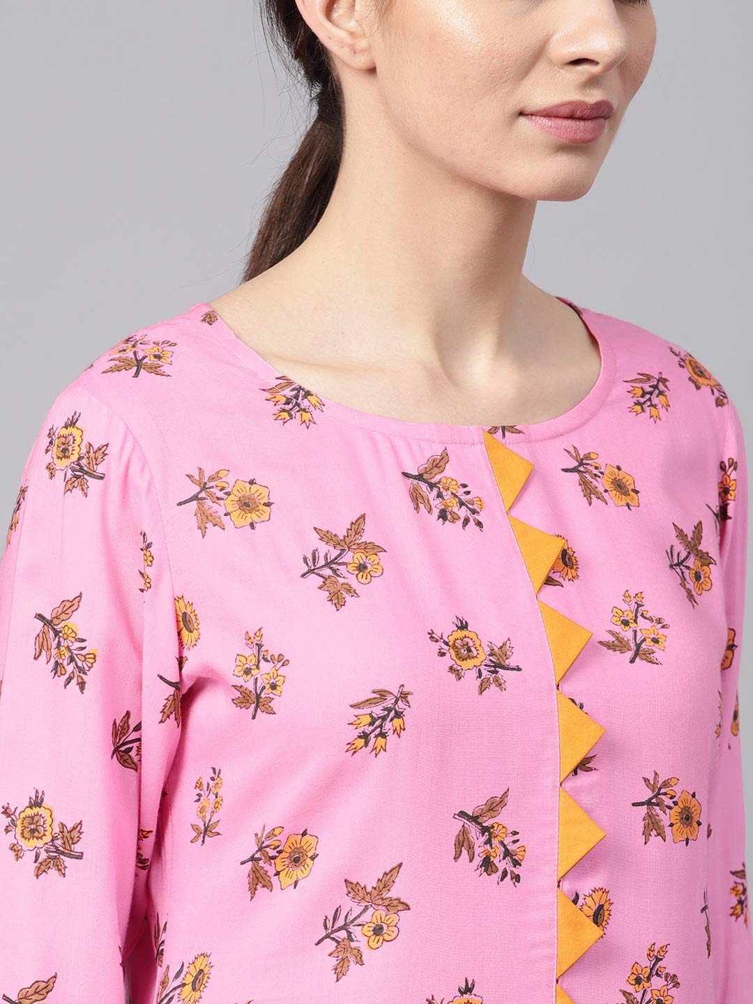 Idalia Women's Pink Rayon Kurta With Mustard Cotton Pants