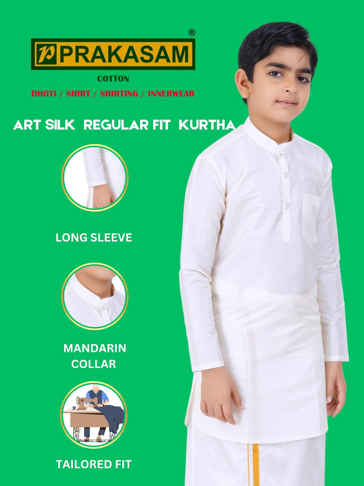 Prakasam Cotton Boys White Art Silk Long Sleeve Kurtha With Stitched Art Silk White Dhoti For Boys