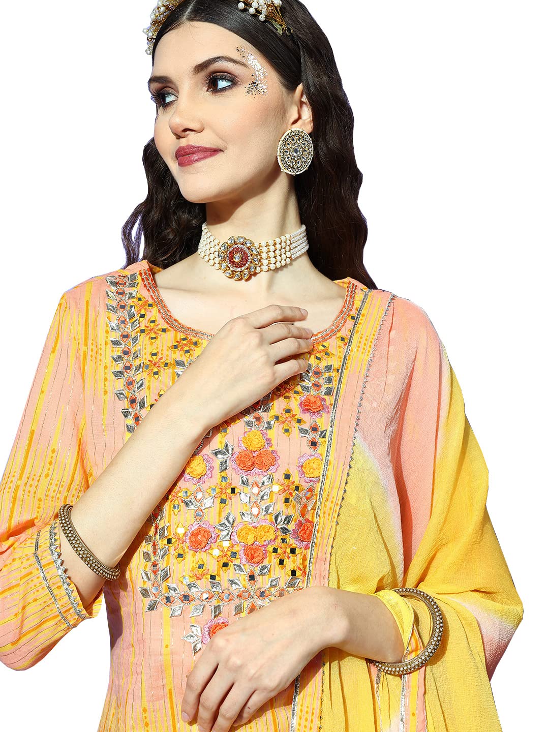 ishin Cotton Women's Embroidered Fabric Straight Kurta Set With Trouser And Dupatta