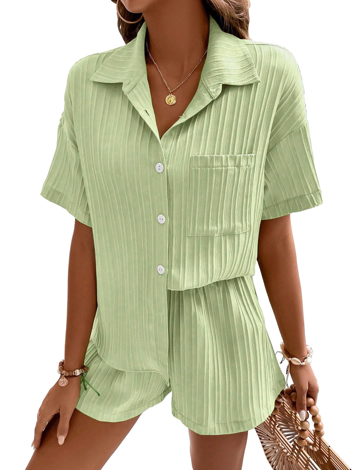 Shasmi Women & Girls Pista Solid Color Button Front Vacation Solid Texture Short Sleeve Loose Fit Drop Shoulder Pocket Shirt and