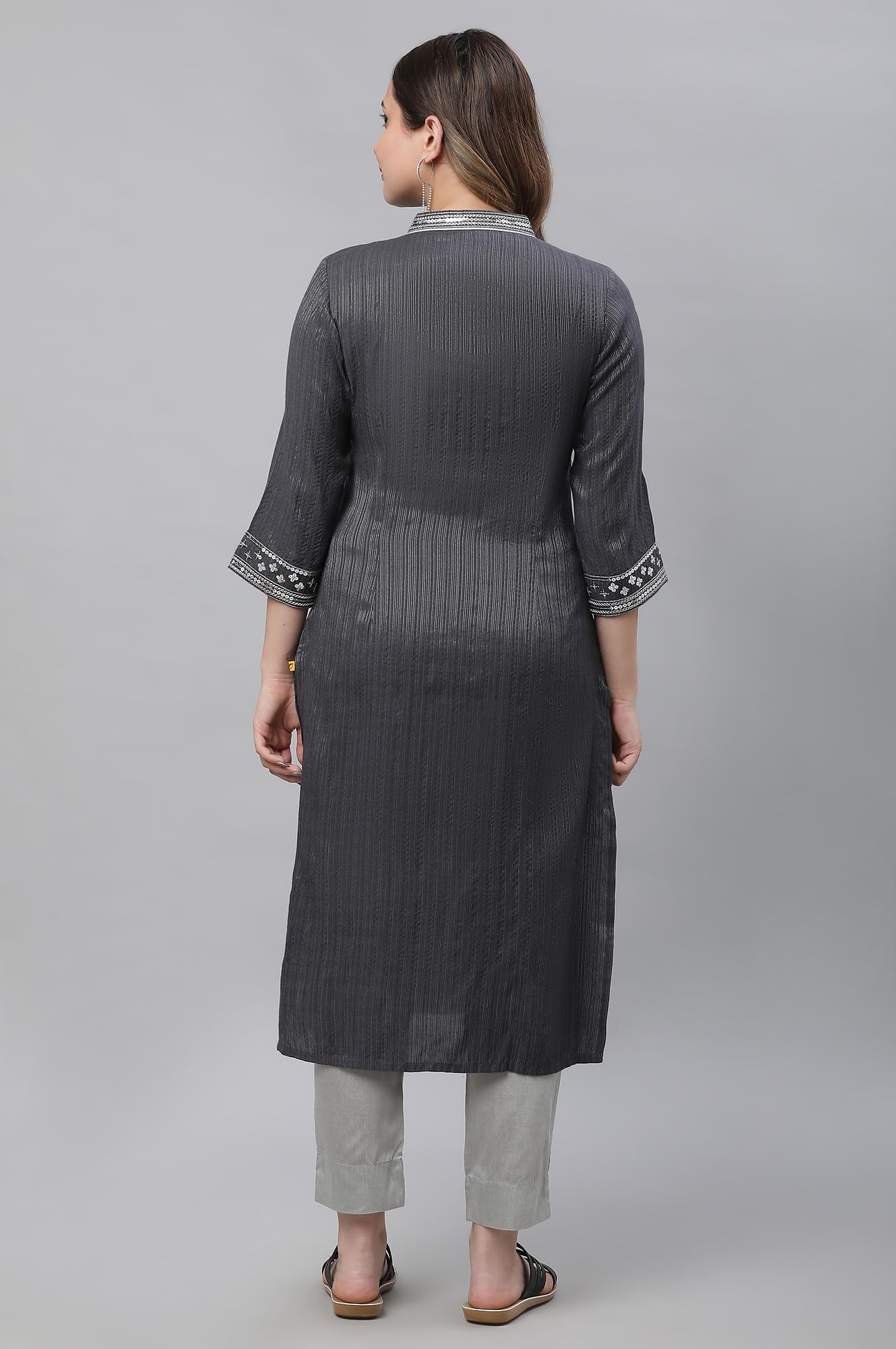 Aurelia WomenS Grey Embellished Lurex Stripes Kurta